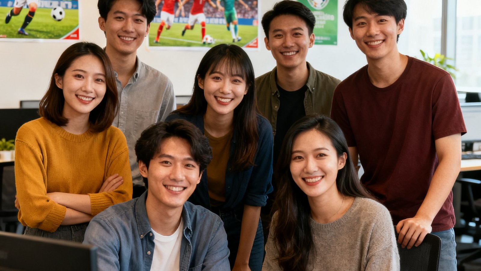 世界杯直播平台团队合影，年轻员工在开放式办公室中微笑，背景有世界杯海报